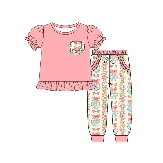 9.25 GSPO2075 Baby Girls Bows Eggs Flowers Pocket Top Ruffle Pants Easter Clothes Sets Preorder