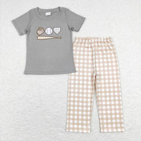 9.16 BSPO0244 Embroidery Baseball Glove Gray Short Sleeve Brown White Plaid Pants Suit