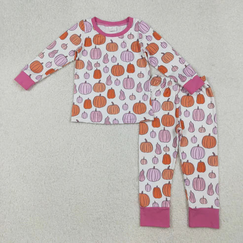 9.24 GLP2702 Baby Girls Colorful Pumpkins Plaid Top Pant Fall Pajamas Set
