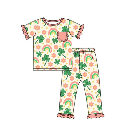 9.25 GSPO2079 Baby Girls Flowers Clovers Pocket Top Ruffle Pant St Patrick Pajamas Sets Preorder