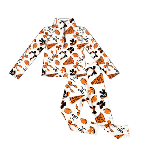 9.20GLP2760 Baby Girls Orange Bows Footballs Go Teams Pockets Zip Pullovers Leggings Team Yoga Set