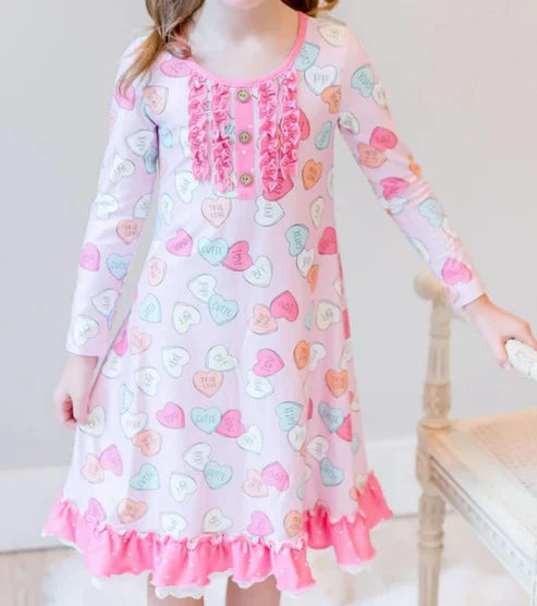 9.22 GLD1321 Baby Girls Hearts Love You Button Ruffle Valentine Knee Length Dresses Preorder