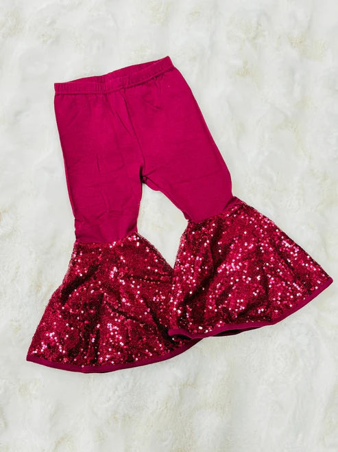 9.23 P0856 Baby Girls Dark Red Sequin Bell Bottom Pants Preorder