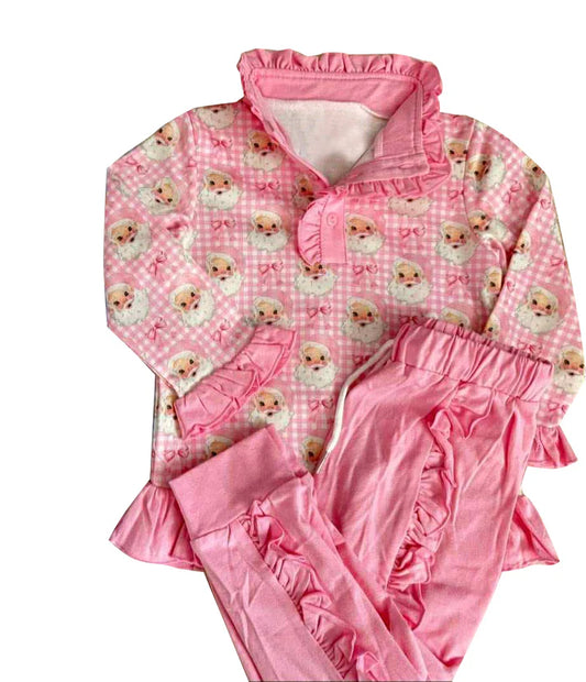 9.25 GLP2881 Baby Girls Pink Checked Santa Button Top Pockets Pants Christmas Clothes Sets Preorder