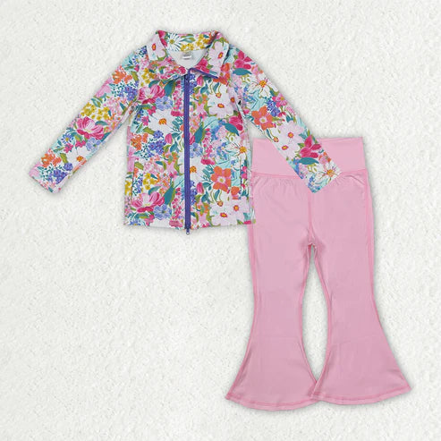 9.24 GT1061+P0576 Baby Girls Floral Pockets Zipper Jackets Bell Bottom Pants Yoga Active Clothes Set