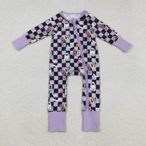 9.16 LR2541 Baby Girls Black Plaid Ghosts Candy Halloween Zipper Footie Romper