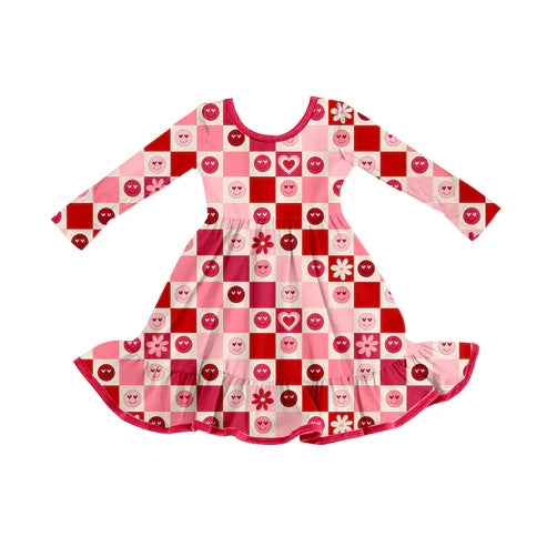 9.18 GLD1297 Baby Girls Red Hearts Smiles Checked Valentine Ruffle Knee Length Dress Preorder