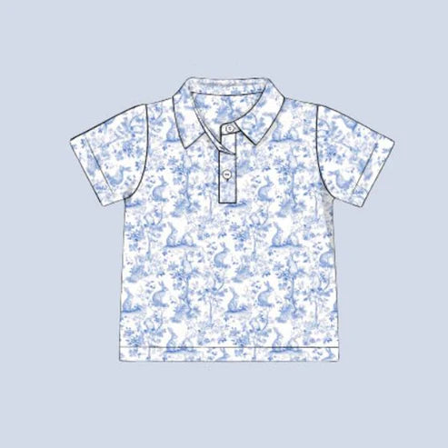 9.22 BT1362 Baby Boys Short Sleeve Blue Rabbits Floral Easter Button Polo Shirts Top Preorder