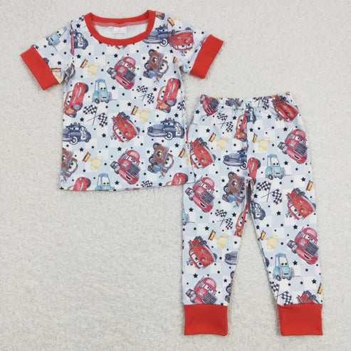 9.15 BSPO0315 cartoon car star blue and white plaid short-sleeved trousers suit