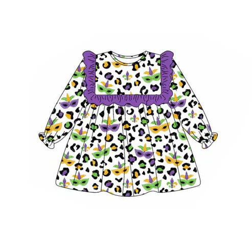 9.19 GLD1319 Baby Girls Purple Green Yellow Leopard Masks Mardigras Knee Length Dress Preorder