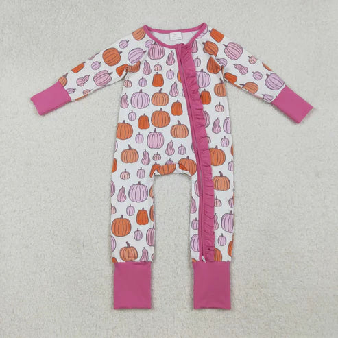 9.24 LR2566 Baby Girls Colorful Pumpkins Plaid Fall Ruffle Zipper Footie Romper