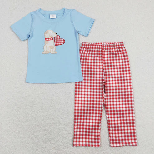 9.15 BSPO0269 Embroidery Love Puppy Blue Short Sleeve Red and White Plaid Valentine's Day Set