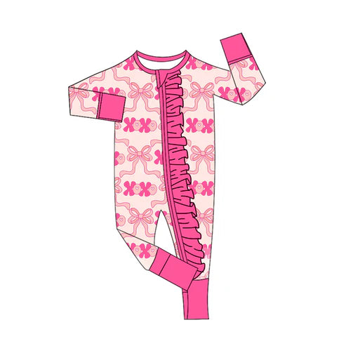 9.18 LR2653 Baby Girls Bows XOXO Checked Valentine Ruffle Zipper Footie Rompers Preorder