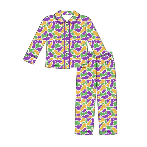 9.20 BLP1292 Baby Boys Green Yellow Purple Camo Button Top Pants Mardigras Pajamas Sets Preorder