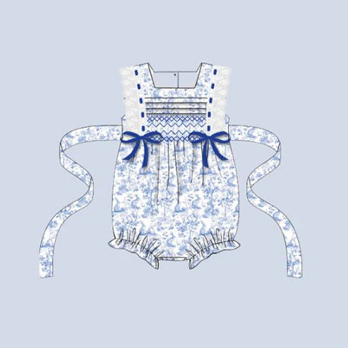 9.22 SR3219 Baby Girls Lace Sleeveless Blue Rabbits Floral Easter Rompers With Belt Preorder