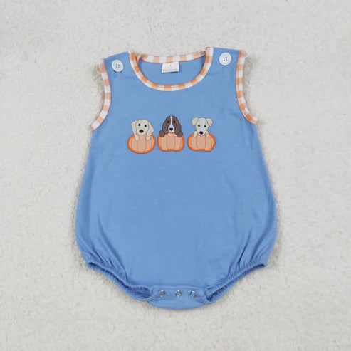 9.24 SR3190 Embroidery Baby Boys Blue Sleeveless Dogs Pumpkins Romper