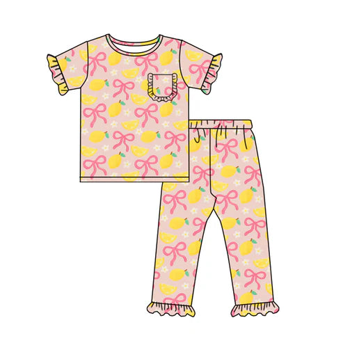 9.23 GSPO2074 Baby Girls Bows Lemons Flowers Pocket Top Ruffle Pants Pajamas Sets Preorder