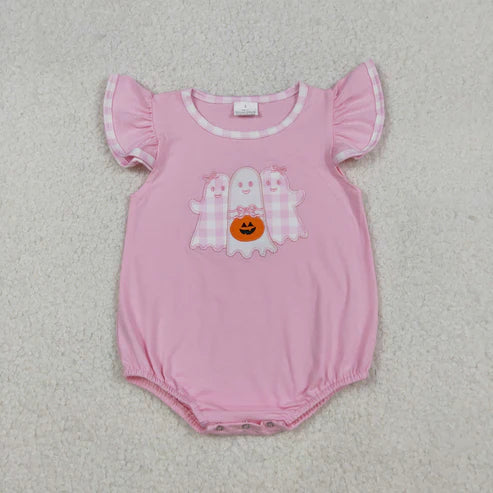 9.16 SR3196 Embroidery Baby Girls Pink Ghost Pumpkins Halloween Ruffle Romper