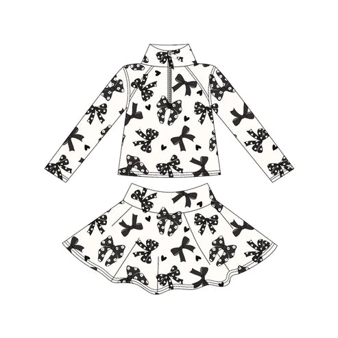 9.20 GLD1317 Baby Girls Black Bows Hearts Yoga Zipper Pullovers Skorts Clothes Set Preorder