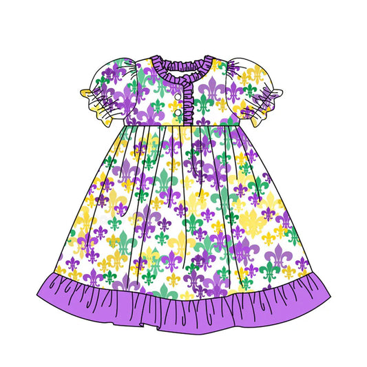 9.25 GSD2817 Baby Girls Anchors Checked Button Ruffle Mardigras Knee Length Dresses Preorder