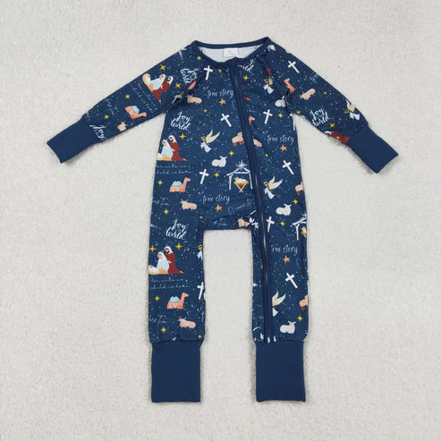 9.16LR2504 Baby Boys Hot Blue Nativity Christmas Zipper Footie Romper
