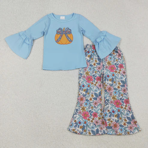 9.24 GLP2596 Embroidery Baby Girls Long Sleeves Floral Pumpkins Top Bell Bottom Pant Set