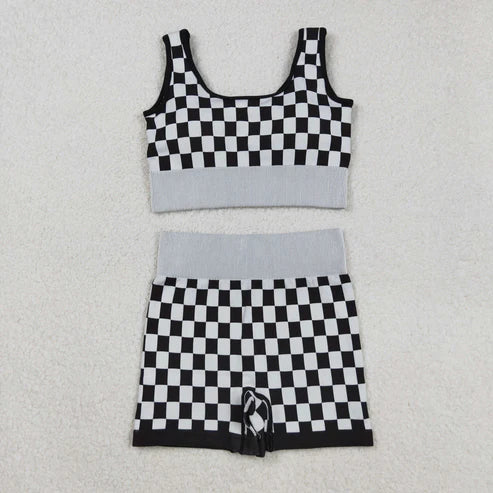 9.13 GT1189+SS0644 Adult Women Black Checkered Crop Bra Top Shorts Yoga Outfits Set
