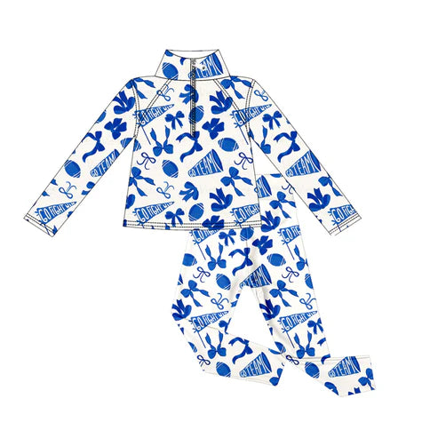 9.20 GLP2761 Baby Girls Blue Bows Footballs Go Teams Pockets Zip Pullovers Leggings Team Yoga Set
