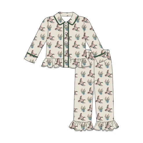 9.20 GLP2859 Baby Girls Log Sleeve Ducks Button Top Ruffle Pants Hunting Pajamas Sets Preorder
