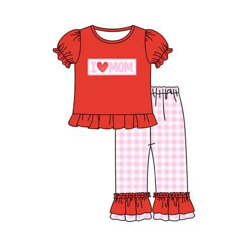 9.22 GSPO2071 Baby Girls I Love Mom Top Pink Checked Ruffle Pants Clothes Sets Preorder