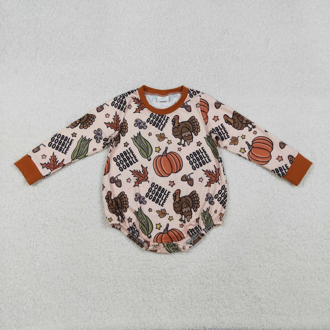 9.25 LR2447 Baby Boys Long Sleeves Turkey Pumpkins Plaid Romper