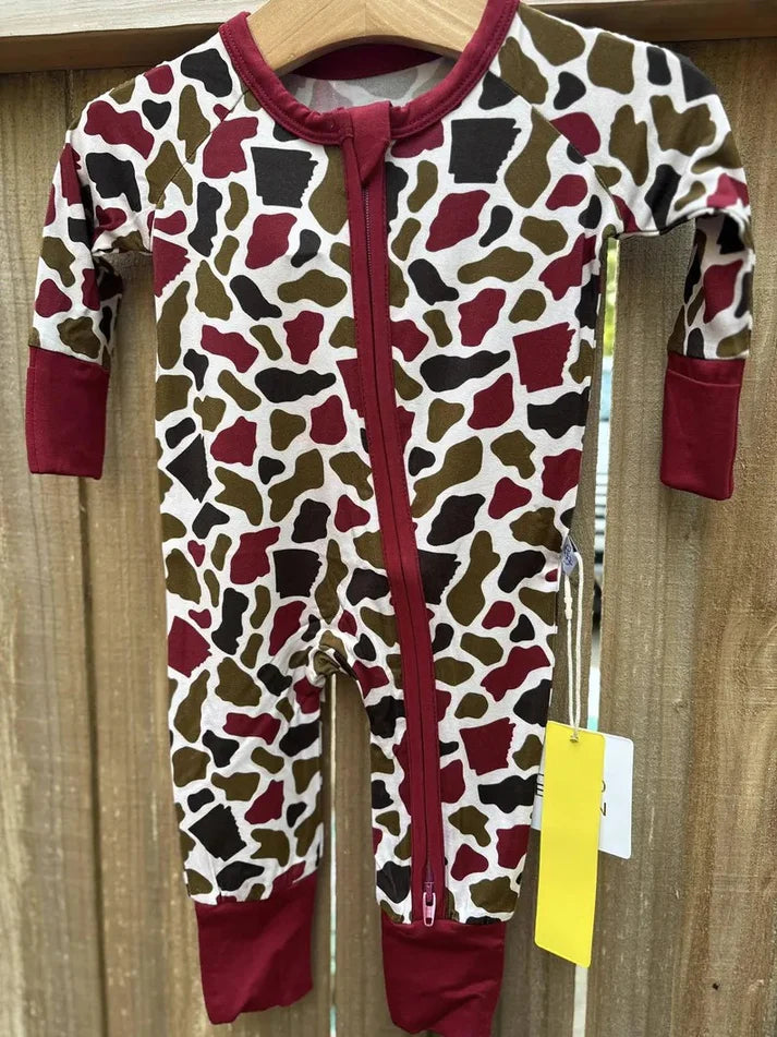 9.25 LR2693 Baby Bows Red Brown Camo Western Zipper Footie Rompers Preorder