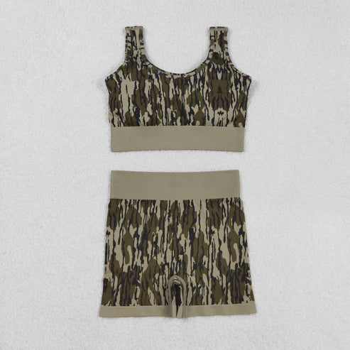 9.13 GT1187+SS0642 Adult Women Bottomland Camo Crop Bra Top Shorts Yoga Outfits Set