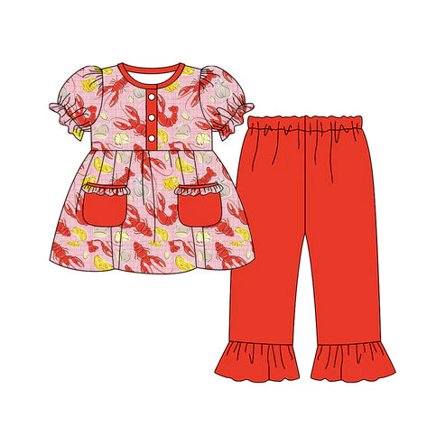 9.23 GSPO2073 Baby Girls Crayfishes Button Pockets Tunic Ruffle Pants Mardigras Clothes Sets Preorder