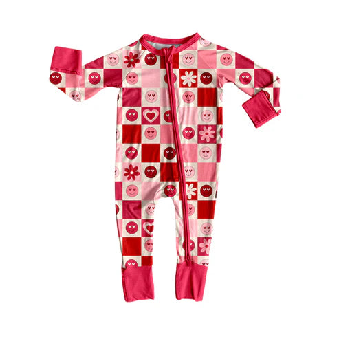 9.18 LR2656 Baby Girls Pink Hearts Smiles Checked Valentine Zipper Footie Rompers Preorder