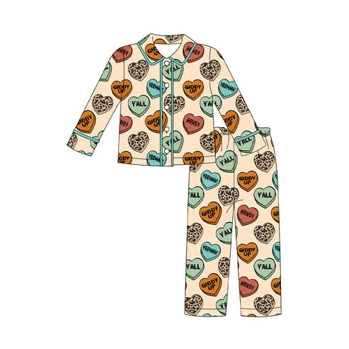 9.18  BLP1284 Baby Boys Yellow Long Sleeves Hearts Button Top Pants Valentine Pajamas Sets Preorder