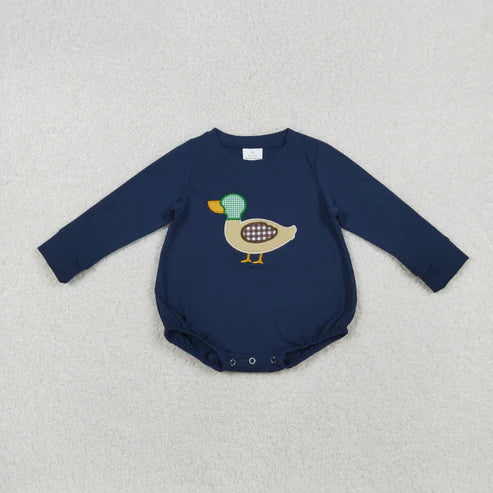 9.16 LR2436 Embroidery Baby Boys Navy Fall Mallard Ducks Romper