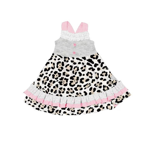 9.20 GSD2808 Baby Girls Strap Leopard Button Easter Ruffle Knee Length Dresses Preorder