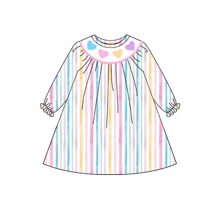9.25 GLD1335 Baby Girls Colorful Stripes Hearts Valentine Knee Length Dresses Preorder