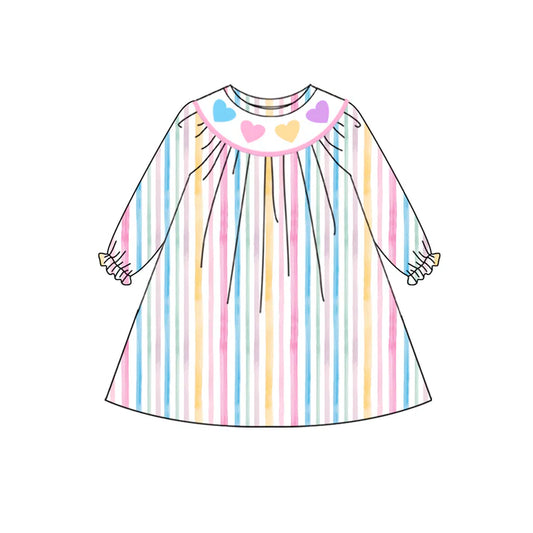 9.25 GLD1335 Baby Girls Colorful Stripes Hearts Valentine Knee Length Dresses Preorder