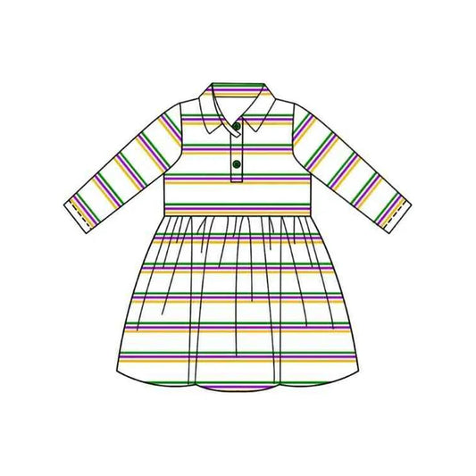 9.25 GLD1331 Baby Girls Pink Yellow Green Stripes Button Mardigras Knee Length Dresses Preorder