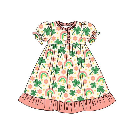 9.25 GSD2816 Baby Girls Flowers Clovers Button Ruffle Sleeve St Patrick Knee Length Dresses Preorder