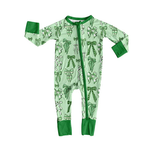 9.18 LR2654 Baby Boys Green Clover Bows St Patrick Zipper Footie Rompers Preorder