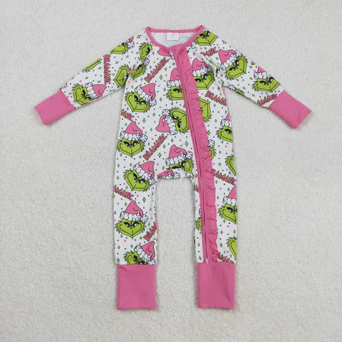 9.17 LR2495 Baby Girls Long Sleeves Green Faces Stars Plaid Ruffle Zipper Romper