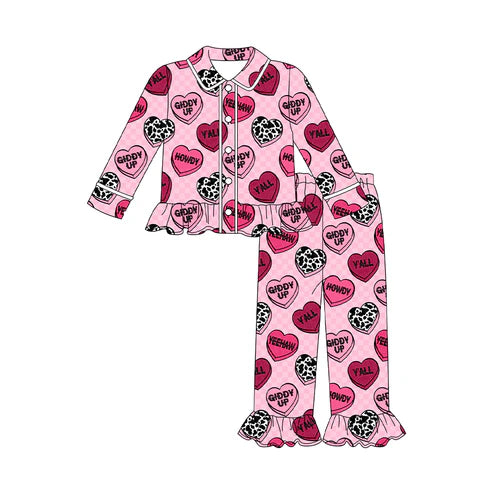 9.18  GLP2843 Baby Girls Pink Checked Hearts Button Top Pants Valentine Pajamas Sets Preorder