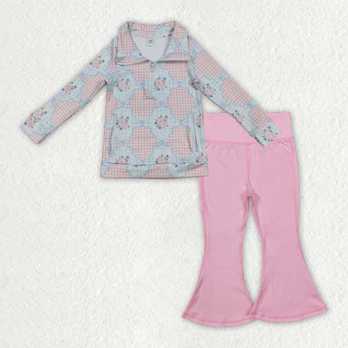 9.24 GT1062+P0576 Baby Girls Pink Flowers Checked Zipper Pullover Bell Bottom Pants Yoga Active Clothes Set