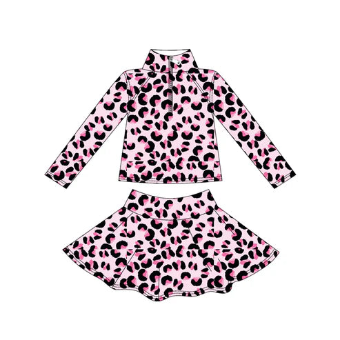 9.20 GLD1313 Baby Girls Pink Black Leopard Yoga Zipper Pullovers Skorts Clothes Set Preorder