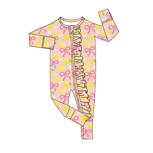 9.23 LR2687 Baby Girls Bows Lemons Flowers Ruffle Zipper Footie Rompers Preorder