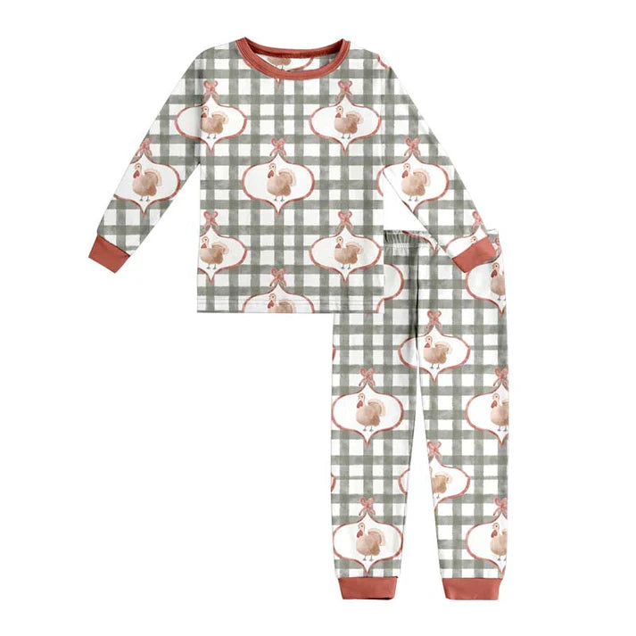 9.25 GLP2885 Baby Girls Green Checked Turkey Top Pant Thanksgiving Pajamas Sets Preorder