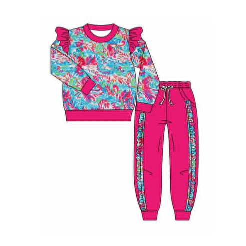 9.18 GLP2831 Baby Girls Pink Watercolor Floral Shirts Top Pockets Jogger Pants Clothes Sets Preorder